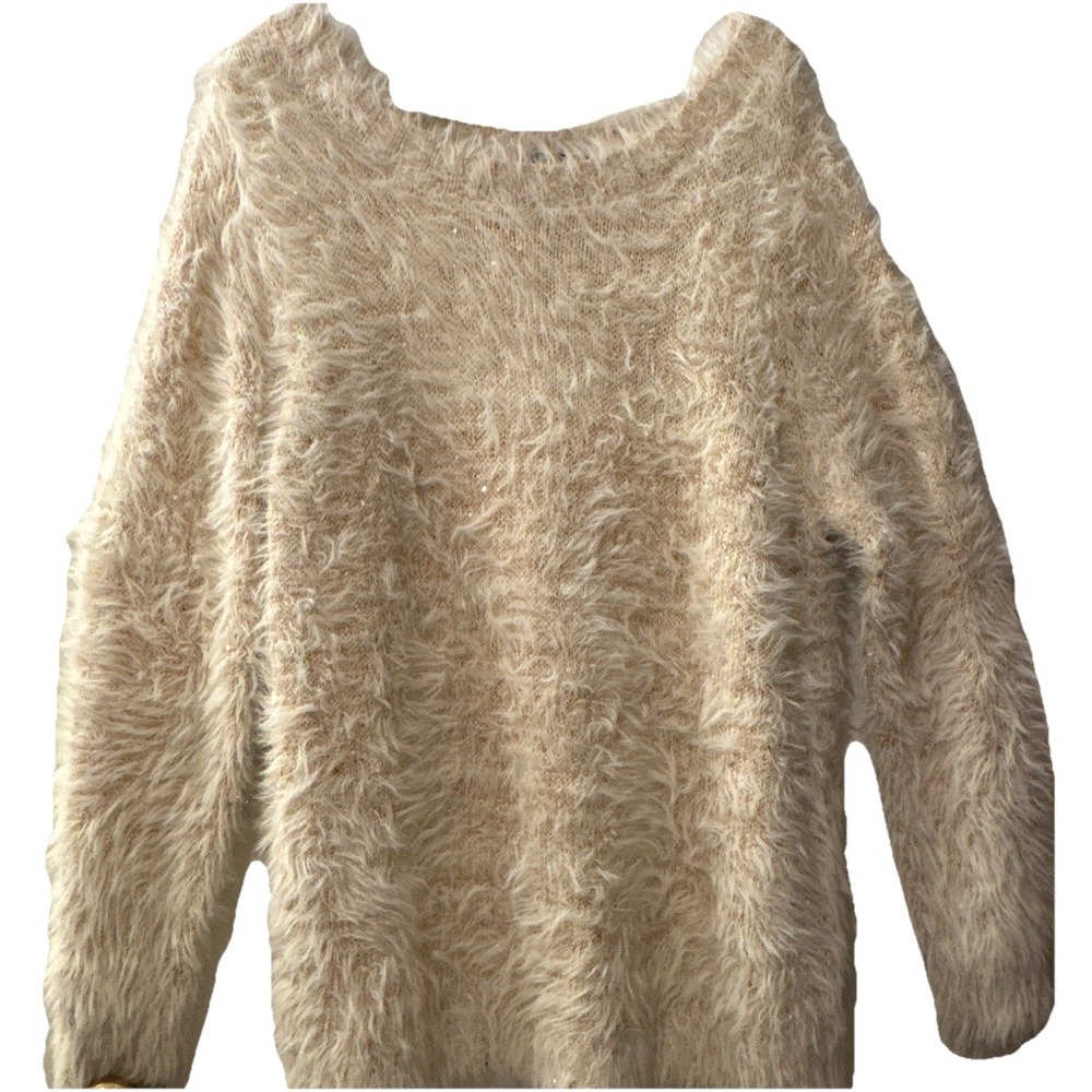 Midnight Velvet Shaggy Eyelash Knit Sweater Metallic Gold Sequins Women's 1X